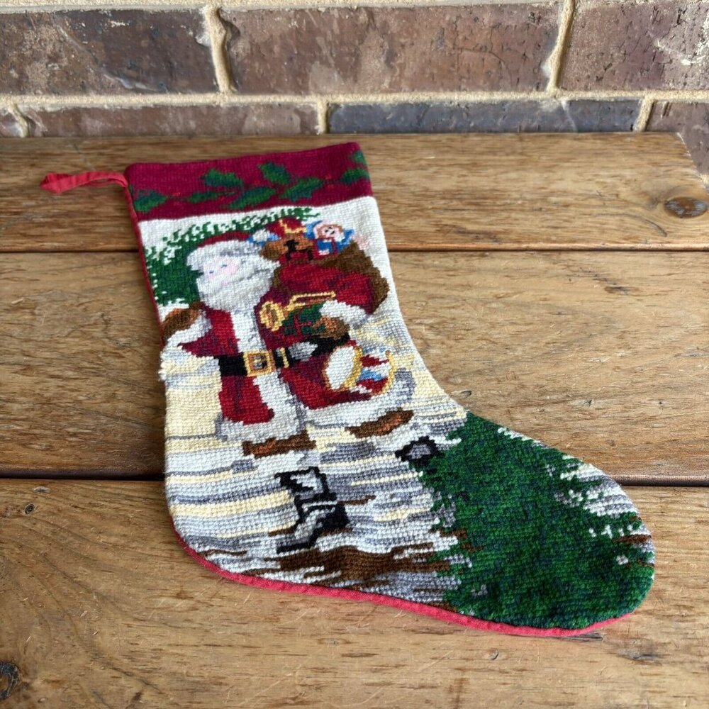 Vintage Needlepoint Santa With Toy Bag Christmas Stocking 16” READ ALL